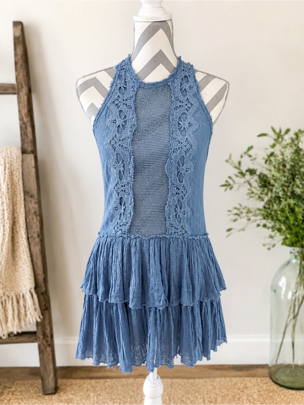 NWT Free People Vanessa Blue Lace Mesh Tiered Ruffle Boho Dress SZ XS